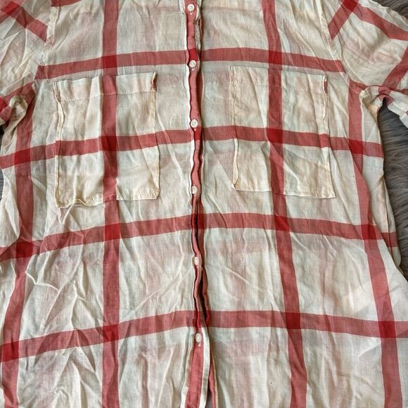 LEVI’S Blouse Sz S Casual Red White Plaid Button Up Short Sleeve Top Semi Sheer - Picture 2 of 12